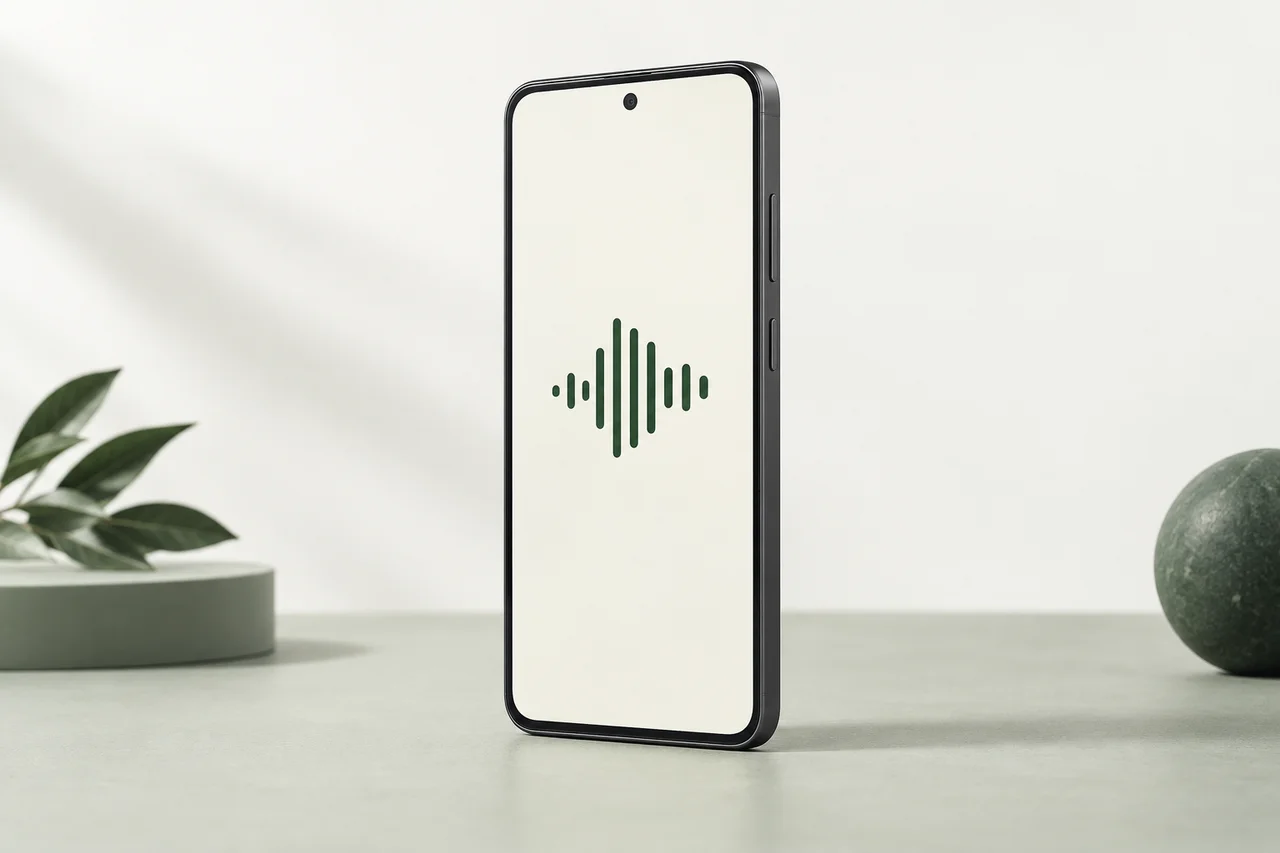 Concept illustration of an Android handset with a green voice waveform.