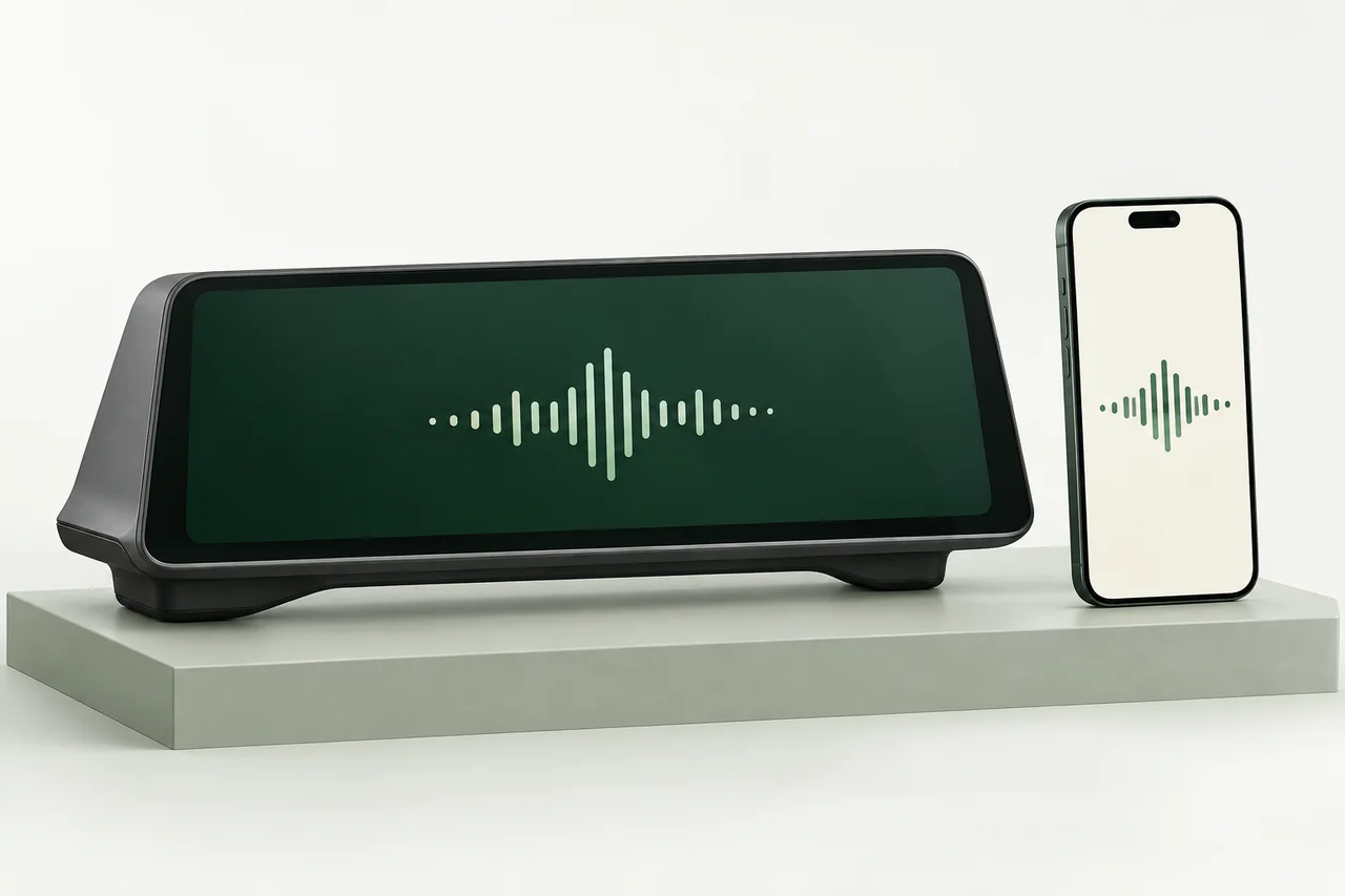 Concept illustration of an iPhone beside a CarPlay display, both showing a voice waveform.