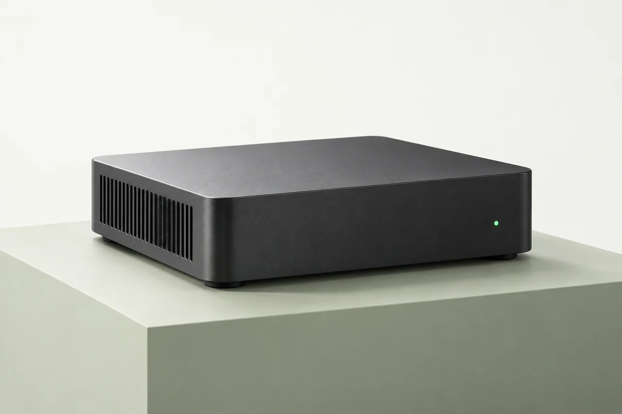 Illustration of a compact headless Linux computer with a green power indicator.