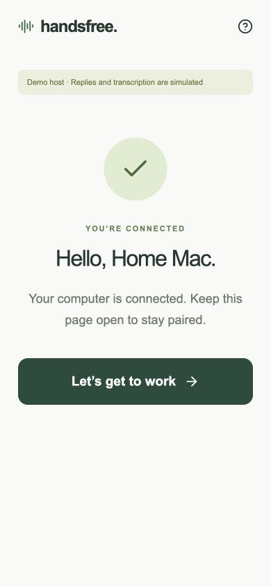 Successful pairing screen saying Hello, Home Mac, with a Let’s get to work button
