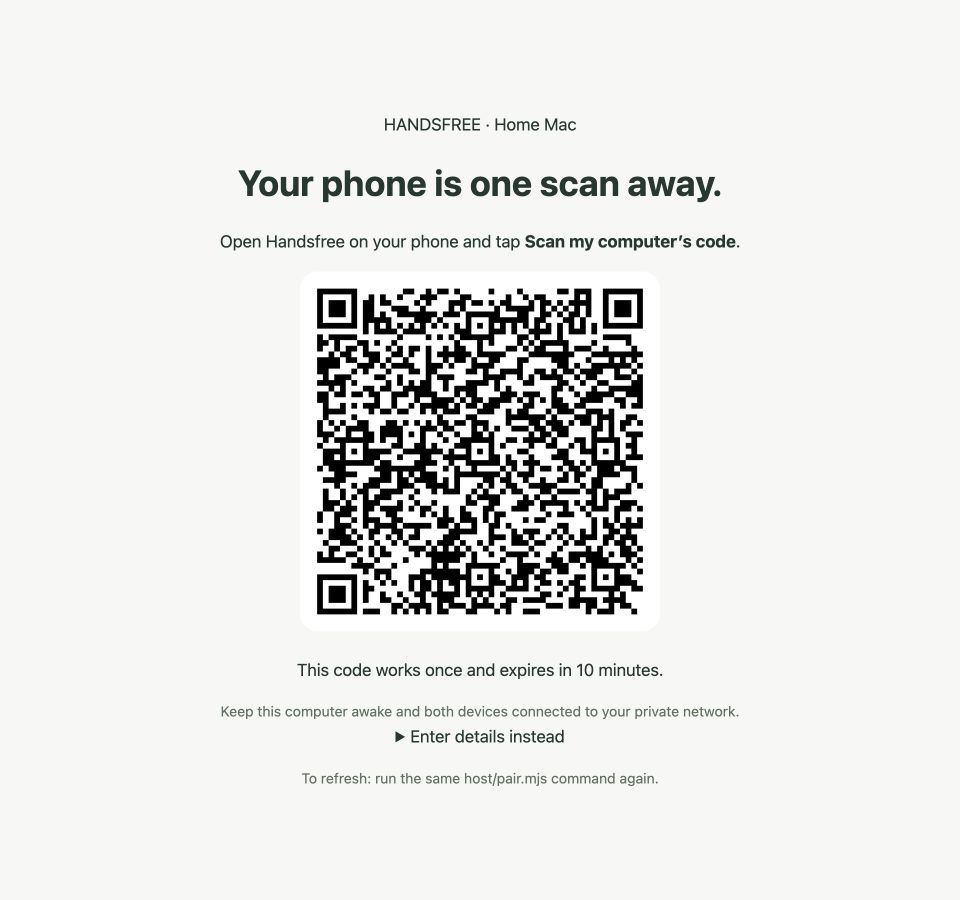 Desktop Handsfree connection page showing the computer name, large QR code, ten-minute expiry, and manual-entry fallback