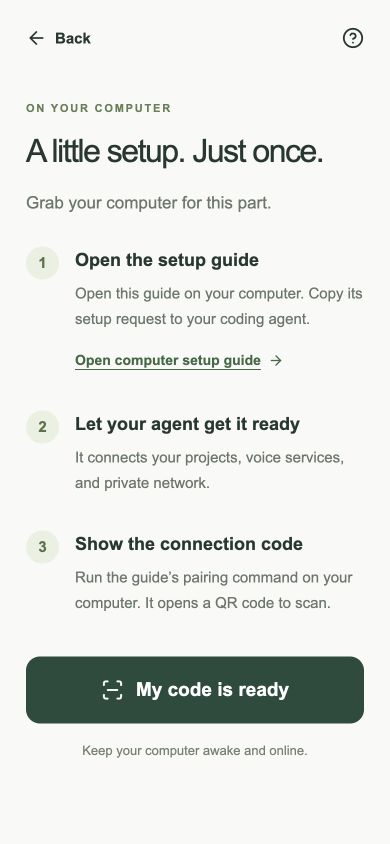 Desktop handoff screen with three steps: open the setup guide, let your agent prepare it, and show the connection code