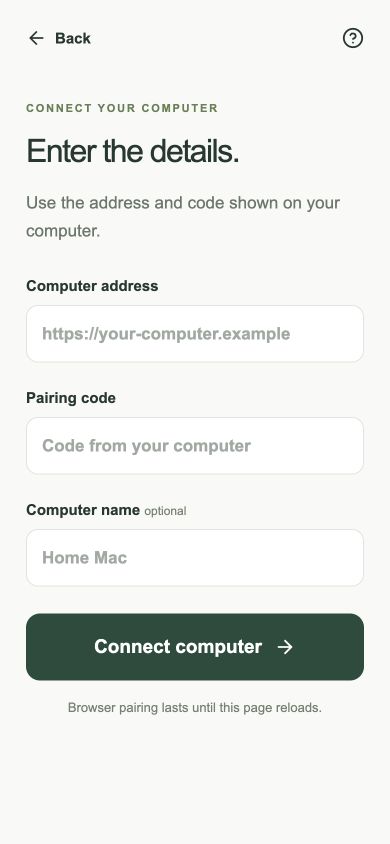 Manual connection form with Computer address, Pairing code, optional Computer name, and Connect computer