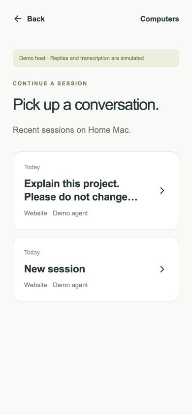 Recent sessions list with a project-explanation conversation and a fresh session