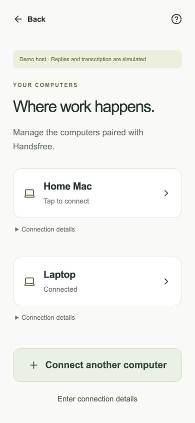 Saved computers screen with Home Mac, Laptop, their connection details, and Connect another computer