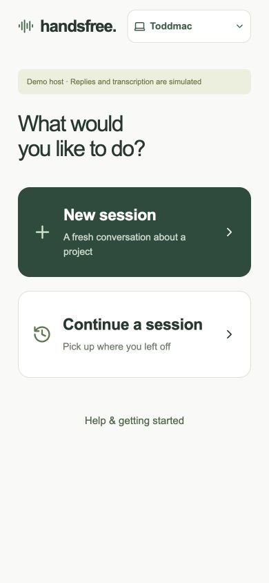 Home screen with large New session and Continue a session choices