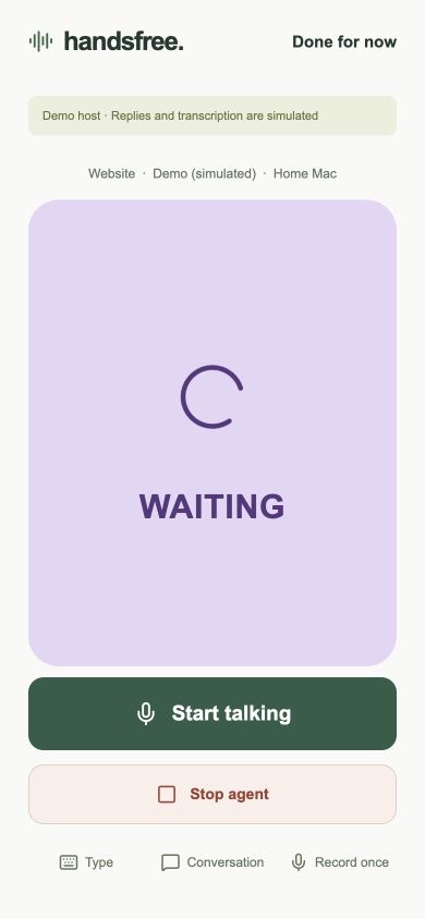 Voice status screen showing a large WAITING label and spinner on a lavender panel, with compact secondary actions